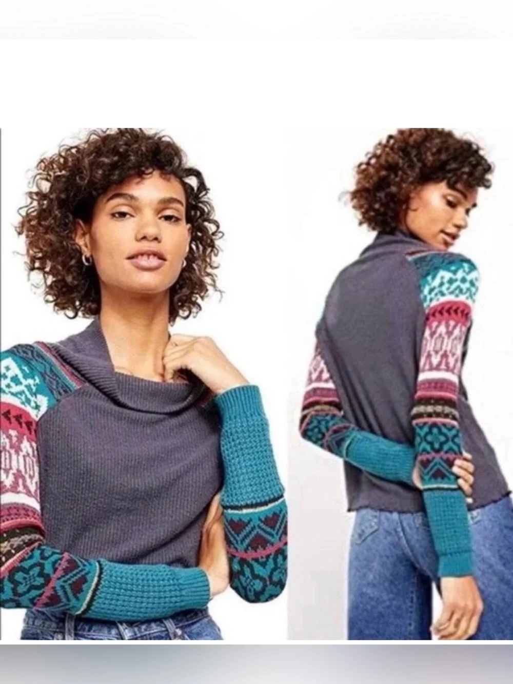 Free People Prism Gray Knit Sweater with Teal Patterned Sleeves - Women